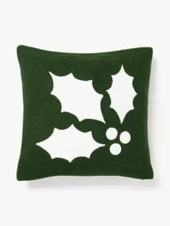 Westwing Collection Bestickte Kissenhülle Elysia mit Stechpalmen-Motiv