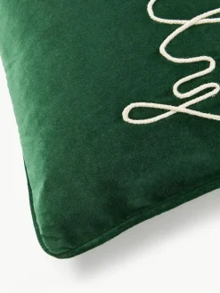 Westwing Collection Bestickte Samt-Kissenhülle Holly Jolly mit Kederumrandung