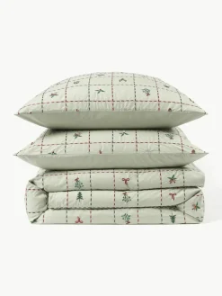 Westwing Collection Bestickter Baumwollperkal-Bettdeckenbezug Rudy mit Weihnachtsmotiven