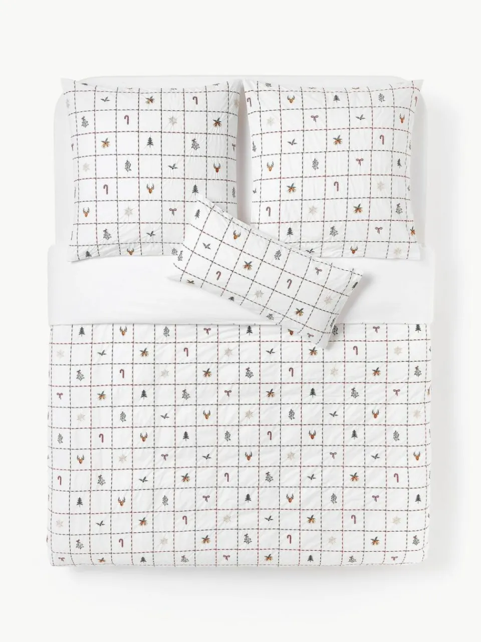 Westwing Collection Bestickter Baumwollperkal-Bettdeckenbezug Rudy mit Weihnachtsmotiven