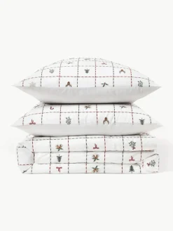 Westwing Collection Bestickter Baumwollperkal-Bettdeckenbezug Rudy mit Weihnachtsmotiven
