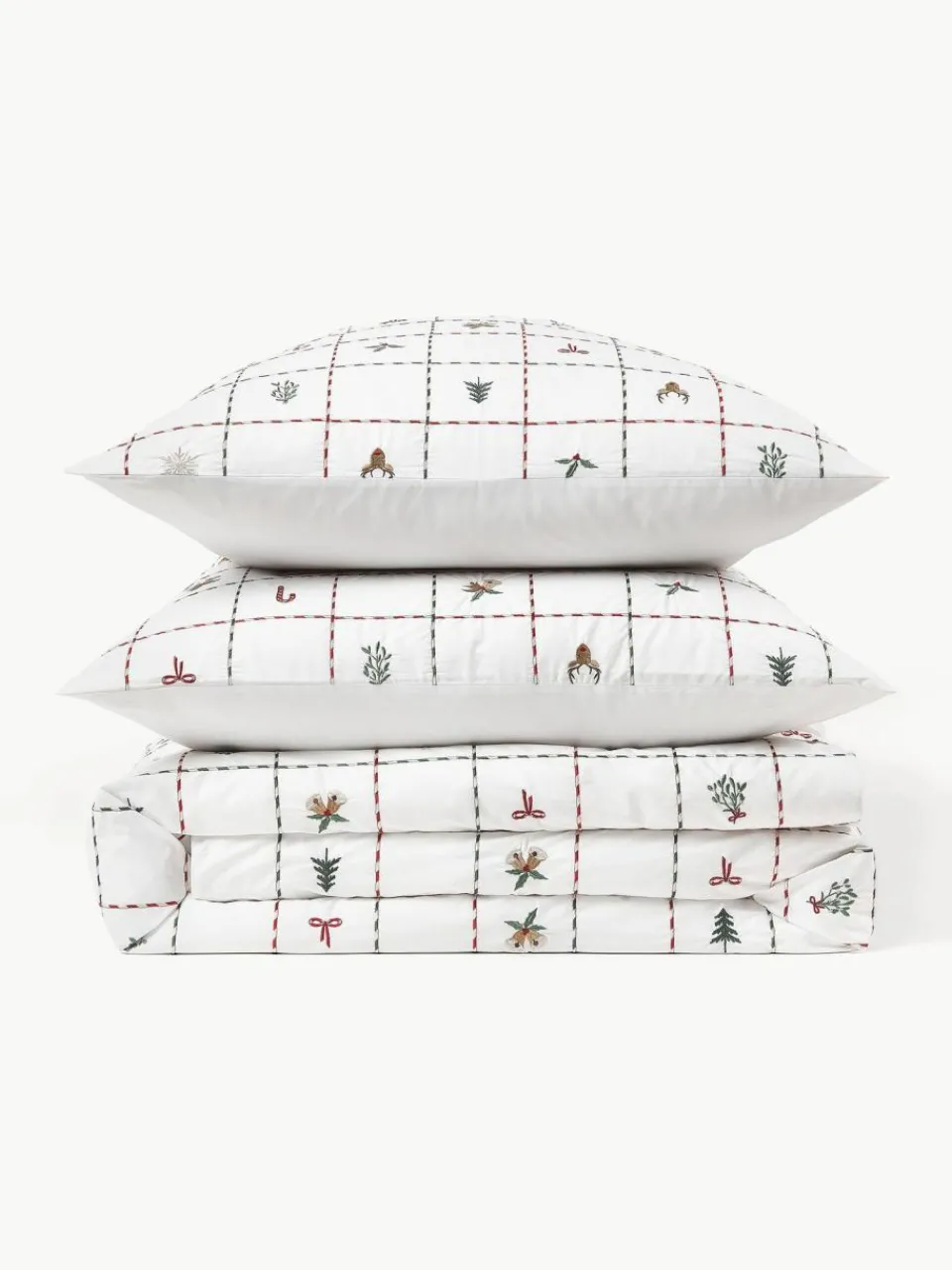 Westwing Collection Bestickter Baumwollperkal-Bettdeckenbezug Rudy mit Weihnachtsmotiven