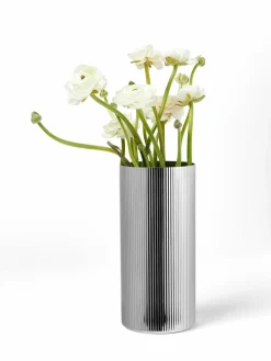 Georg Jensen Edelstahl-Vase Bernadotte mit Rillenstruktur, H 26 cm