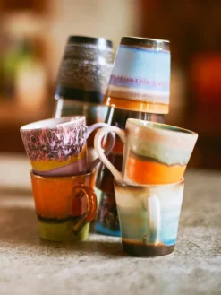 HKLIVING Handbemalte Keramik-Espressotassen 70's mit reaktiver Glasur, 4er-Set