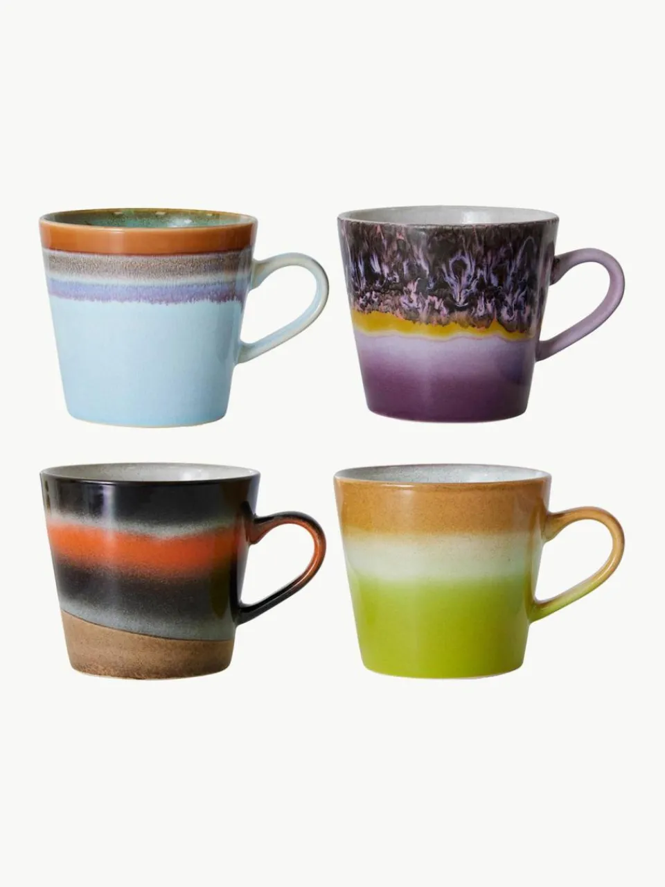 HKLIVING Handbemalte Keramik-Tassen 70's mit reaktiver Glasur, 4er-Set