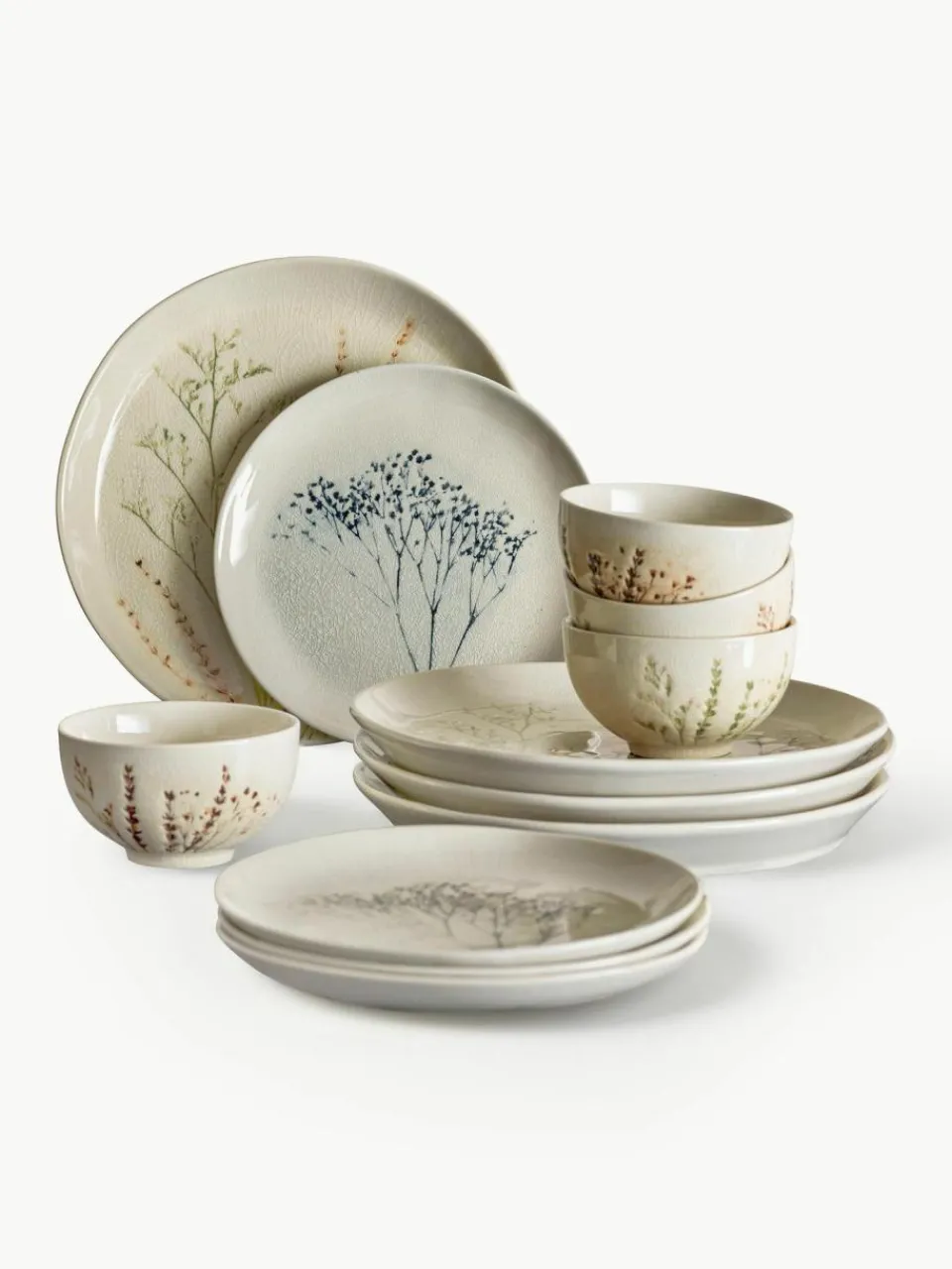 Bloomingville Handgemachtes Geschirr-Set Bea mit Gräser-Motiv, 4 Personen (12-tlg.)