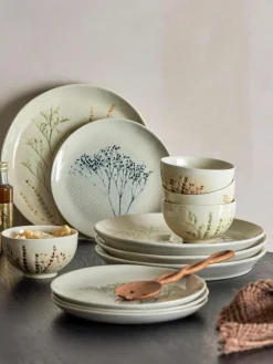 Bloomingville Handgemachtes Geschirr-Set Bea mit Gräser-Motiv, 4 Personen (12-tlg.)