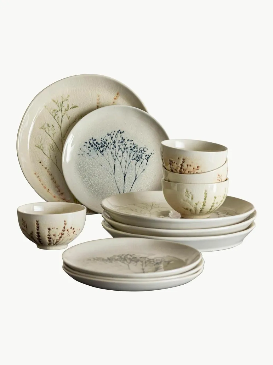 Bloomingville Handgemachtes Geschirr-Set Bea mit Gräser-Motiv, 4 Personen (12-tlg.)