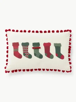 Westwing Collection Kissenhülle Coldin mit winterlichem Motiv und Pompons