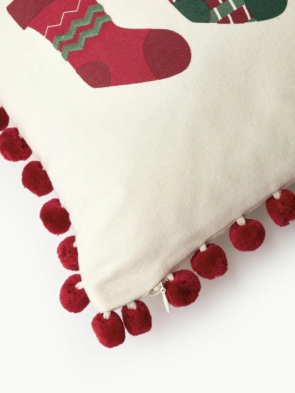 Westwing Collection Kissenhülle Coldin mit winterlichem Motiv und Pompons