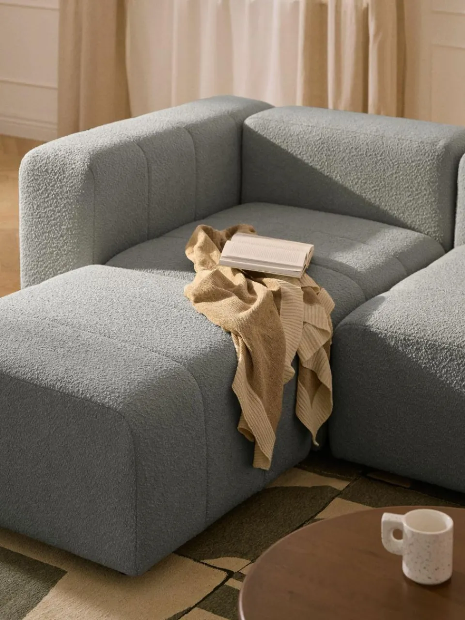 Westwing Collection Modulares Bouclé-Sofa Lena (4-Sitzer) mit Hocker (links/rechts)