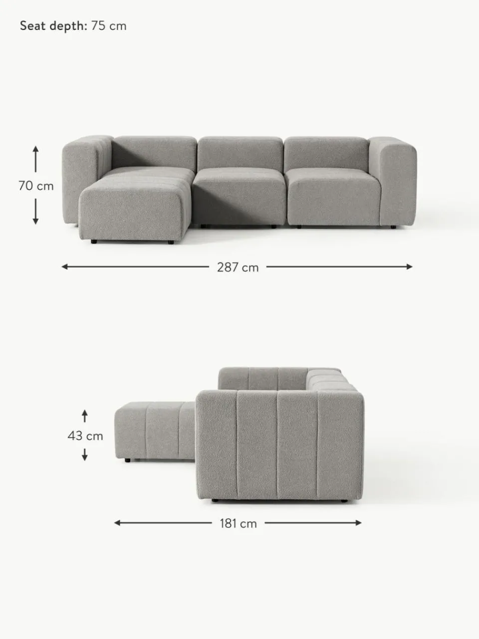 Westwing Collection Modulares Bouclé-Sofa Lena (4-Sitzer) mit Hocker (links/rechts)
