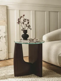 Westwing Collection Runder Holz-Beistelltisch Miya mit Glasplatte