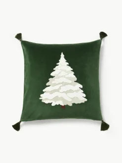 Westwing Collection Samt-Kissenhülle Amara mit gesticktem Tannenbaum