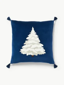 Westwing Collection Samt-Kissenhülle Amara mit gesticktem Tannenbaum