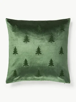 Westwing Collection Samt-Kissenhülle Isadora mit Weihnachtsbaum-Stickerei