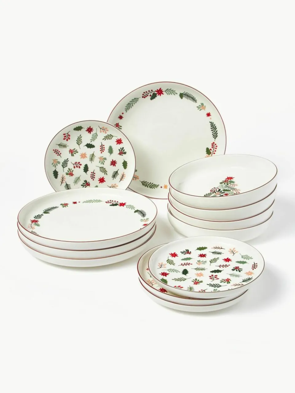 Westwing Collection Weihnachtliches Geschirr-Set Eve aus Porzellan, 4 Personen (12-tlg.)